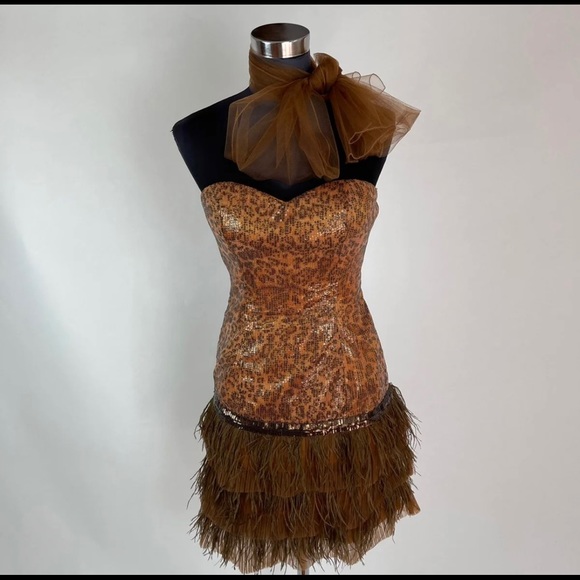 Leopard Print Sequined Ruffle Layered Sweet-Heart Brown Midi Dress - Picture 10 of 11